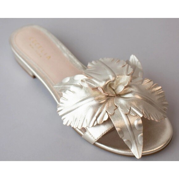 CECELIA NEW YORK Lila Hibiscus Flower Leather Slide Sandal In Gold Sz 6 New - Picture 1 of 10